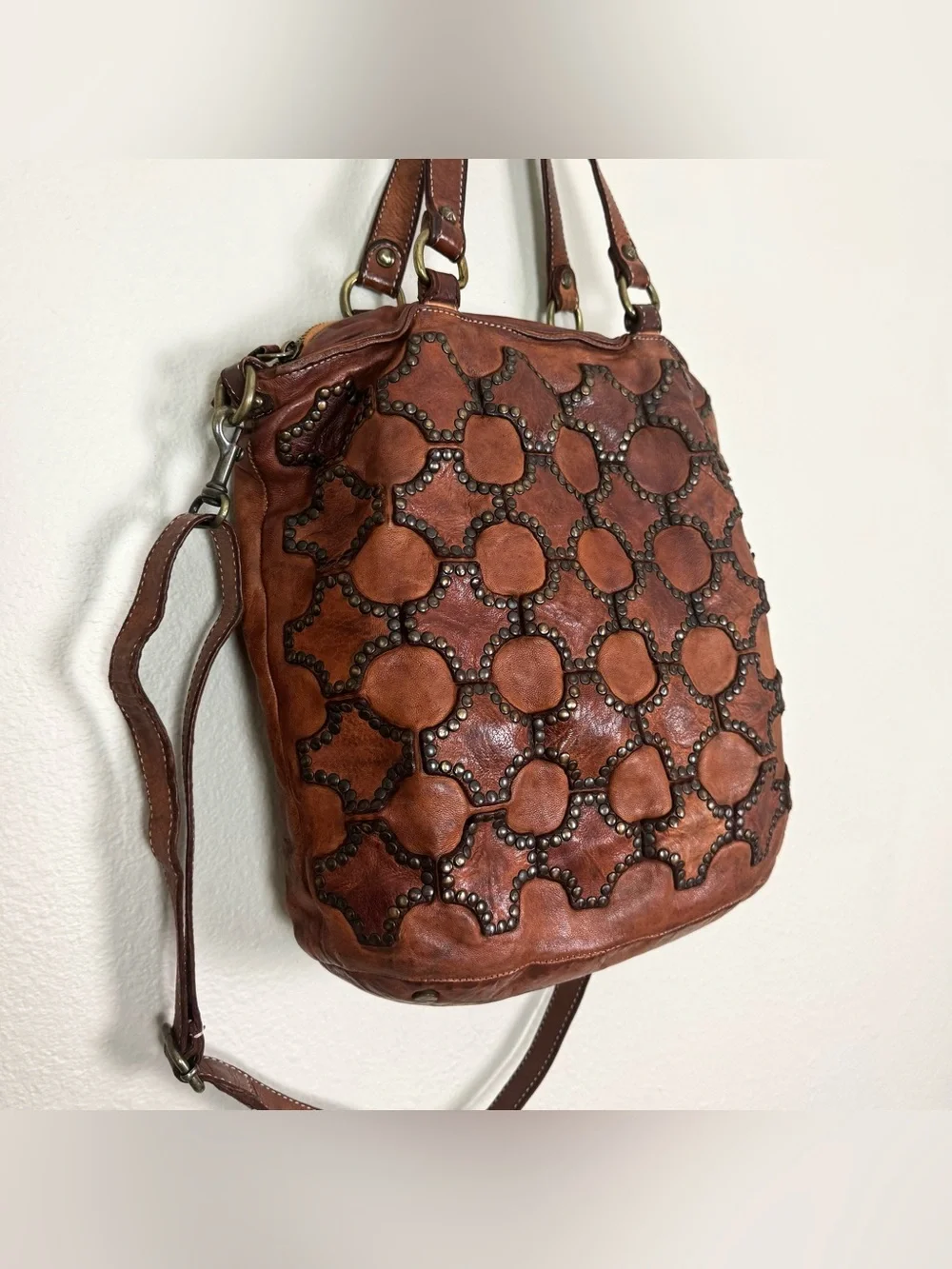Sundance Rustic Boho Studded Brown Distressed Leather Shoulder or Crossbody Bag